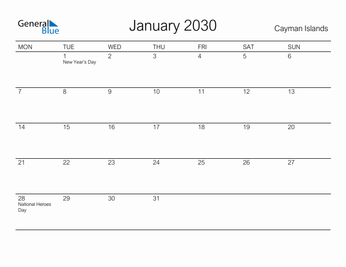 Printable January 2030 Calendar for Cayman Islands