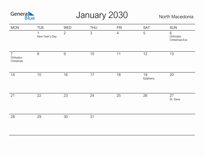 Printable January 2030 Calendar for North Macedonia