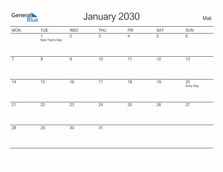 Printable January 2030 Calendar for Mali
