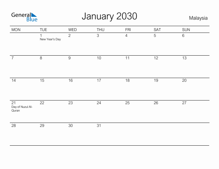 Printable January 2030 Calendar for Malaysia