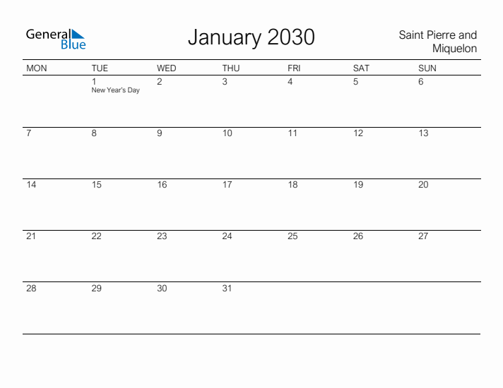 Printable January 2030 Calendar for Saint Pierre and Miquelon