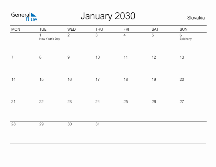 Printable January 2030 Calendar for Slovakia
