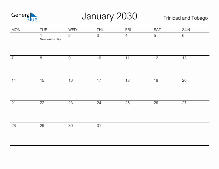 Printable January 2030 Calendar for Trinidad and Tobago