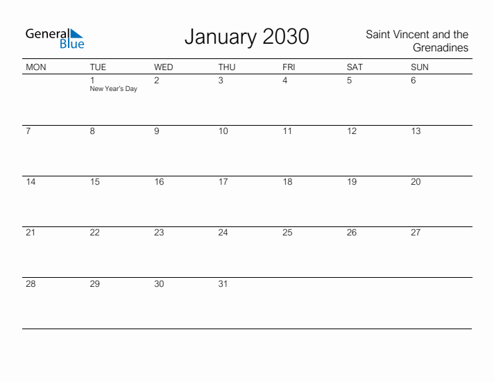 Printable January 2030 Calendar for Saint Vincent and the Grenadines