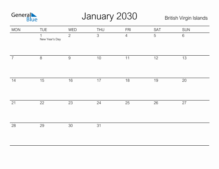 Printable January 2030 Calendar for British Virgin Islands