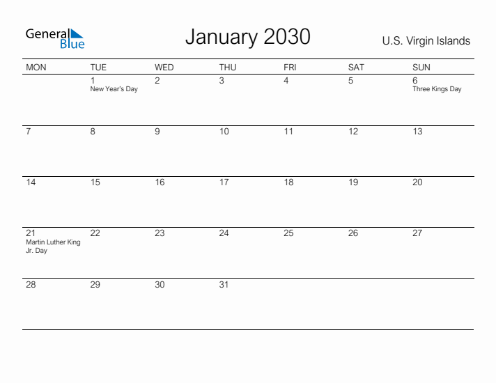 Printable January 2030 Calendar for U.S. Virgin Islands