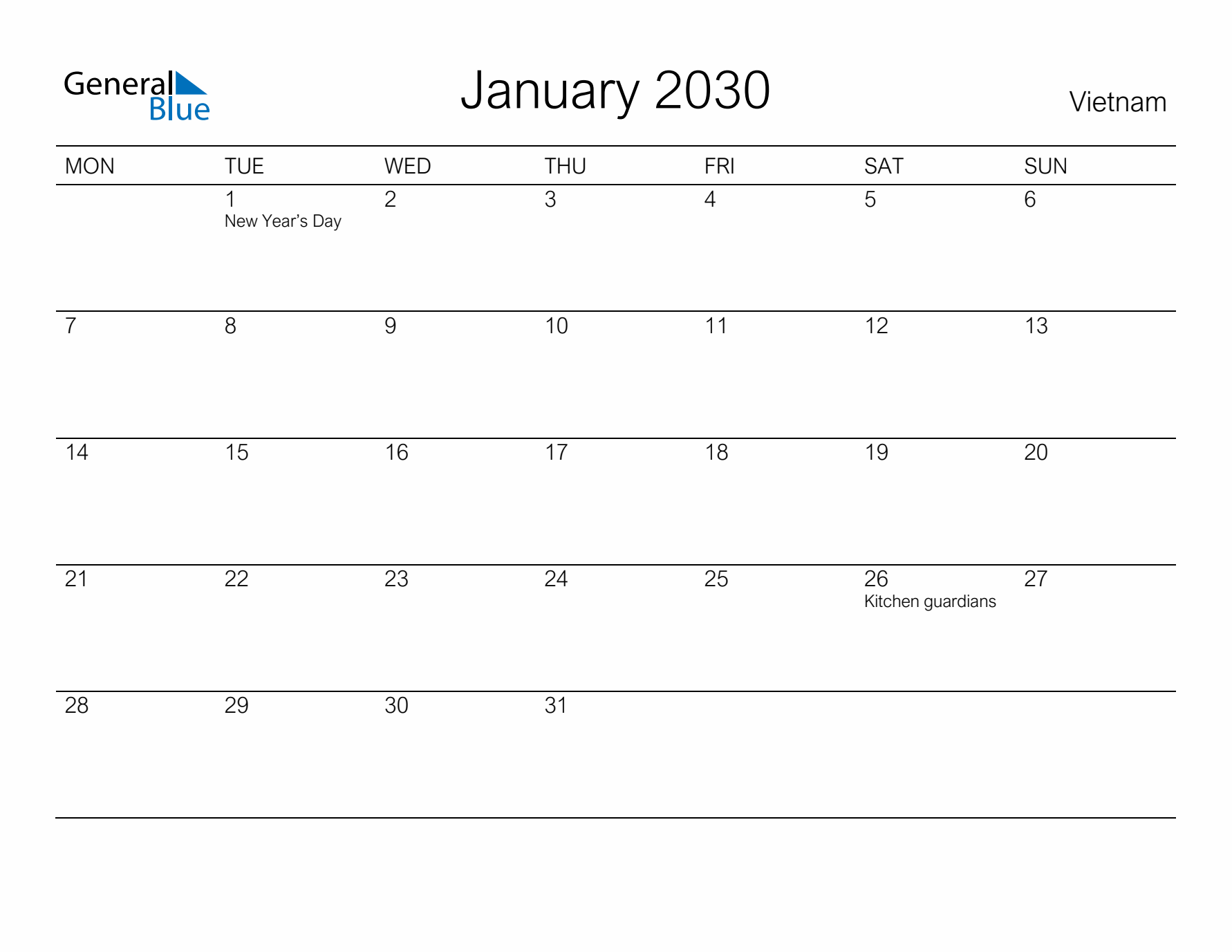 Printable January 2030 Calendar for Vietnam