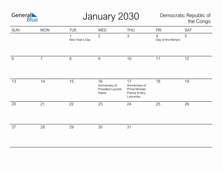 Printable January 2030 Calendar for Democratic Republic of the Congo
