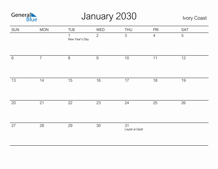 Printable January 2030 Calendar for Ivory Coast