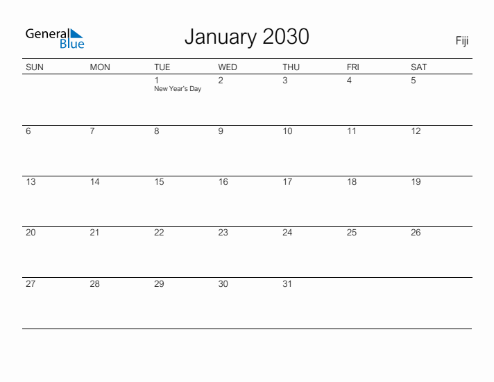Printable January 2030 Calendar for Fiji