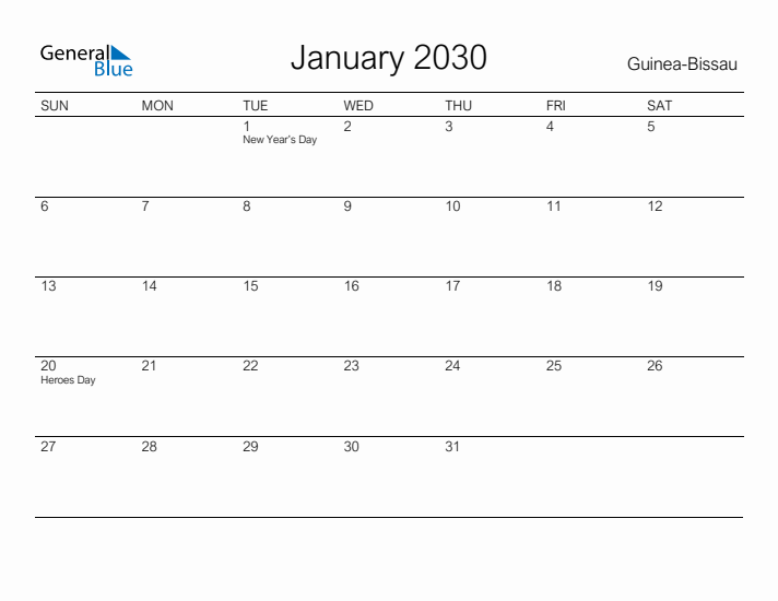 Printable January 2030 Calendar for Guinea-Bissau