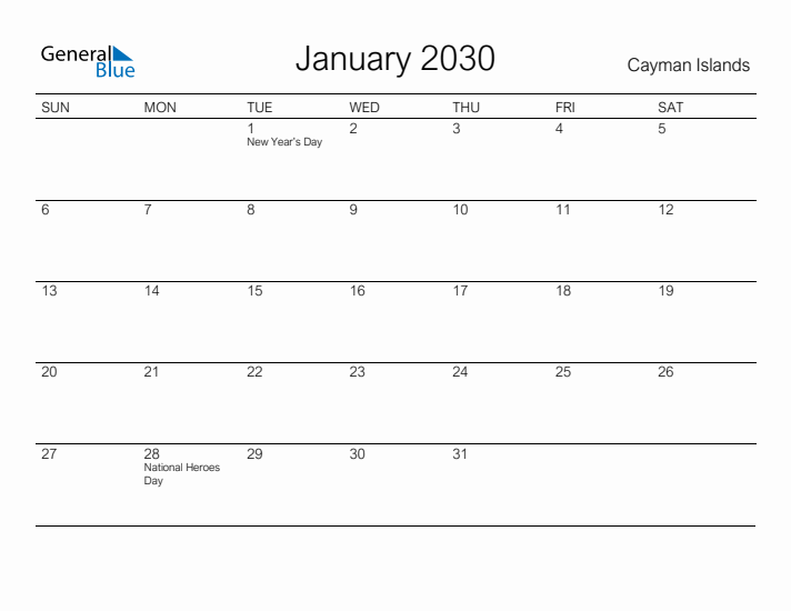 Printable January 2030 Calendar for Cayman Islands
