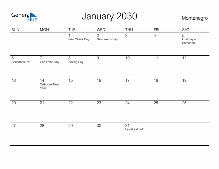 Printable January 2030 Calendar for Montenegro