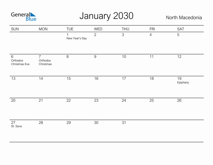 Printable January 2030 Calendar for North Macedonia