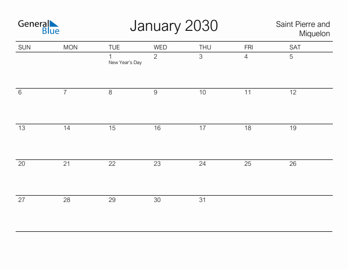 Printable January 2030 Calendar for Saint Pierre and Miquelon