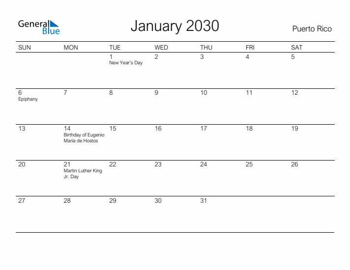 Printable January 2030 Calendar for Puerto Rico