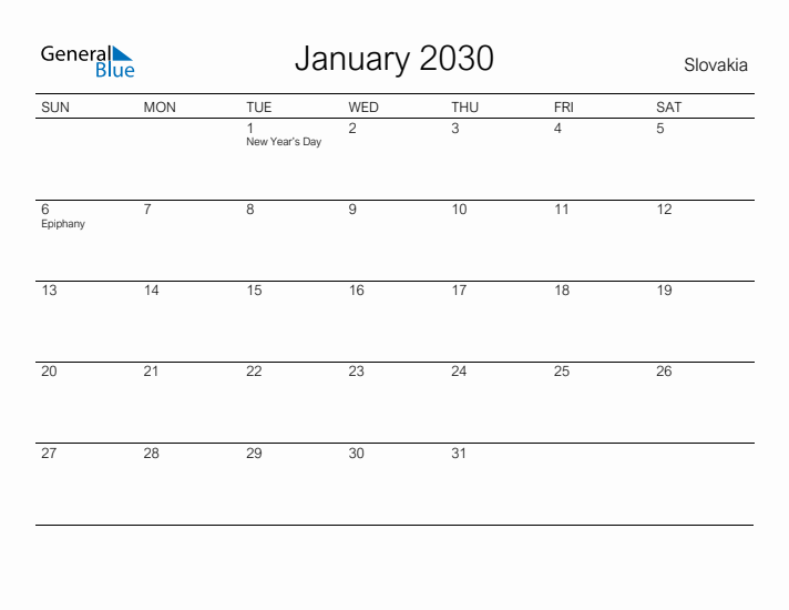 Printable January 2030 Calendar for Slovakia
