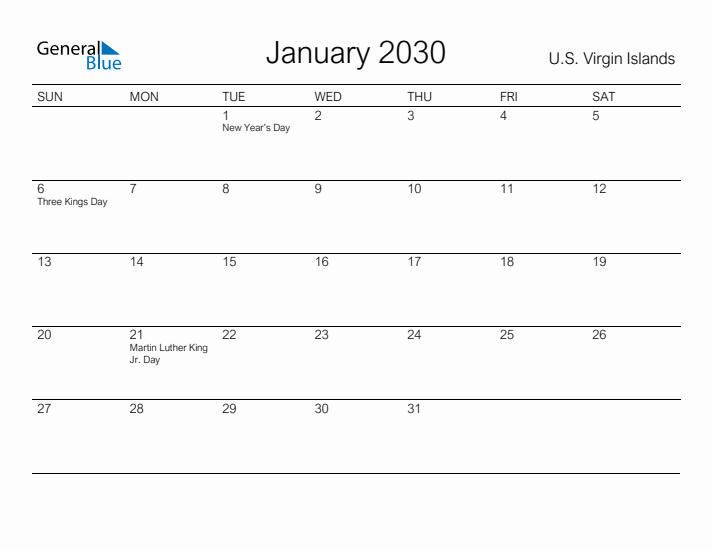 Printable January 2030 Calendar for U.S. Virgin Islands