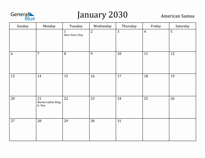 January 2030 Calendar American Samoa