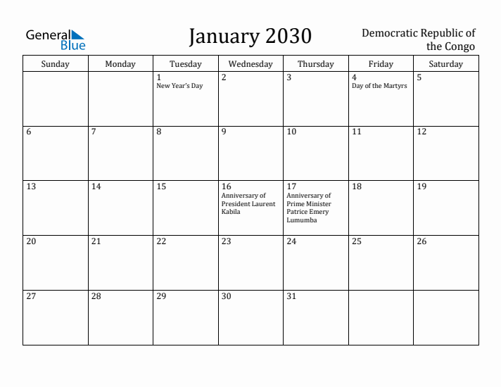 January 2030 Calendar Democratic Republic of the Congo