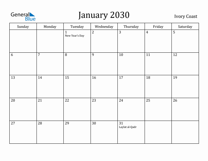 January 2030 Calendar Ivory Coast