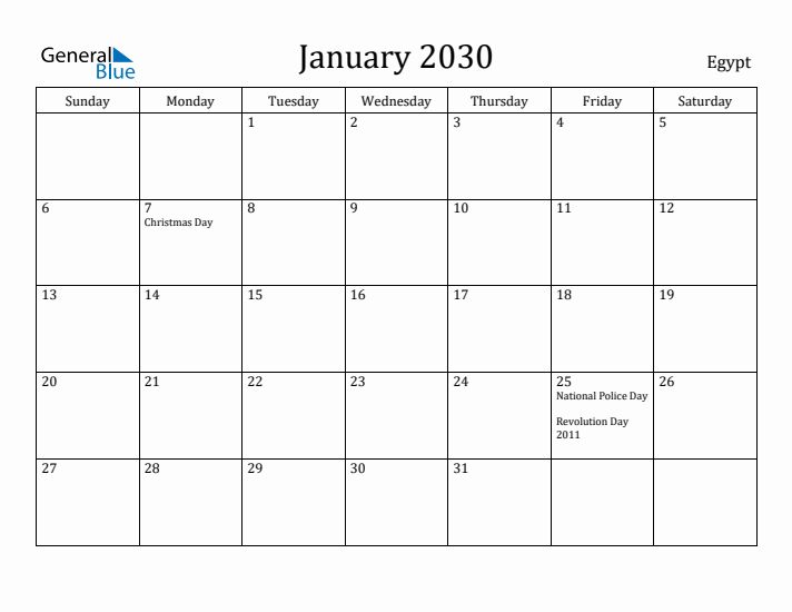 January 2030 Calendar Egypt