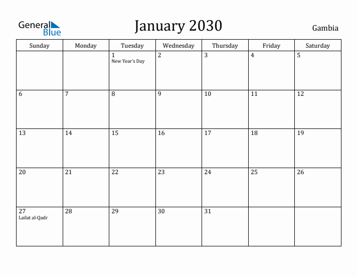 January 2030 Calendar Gambia