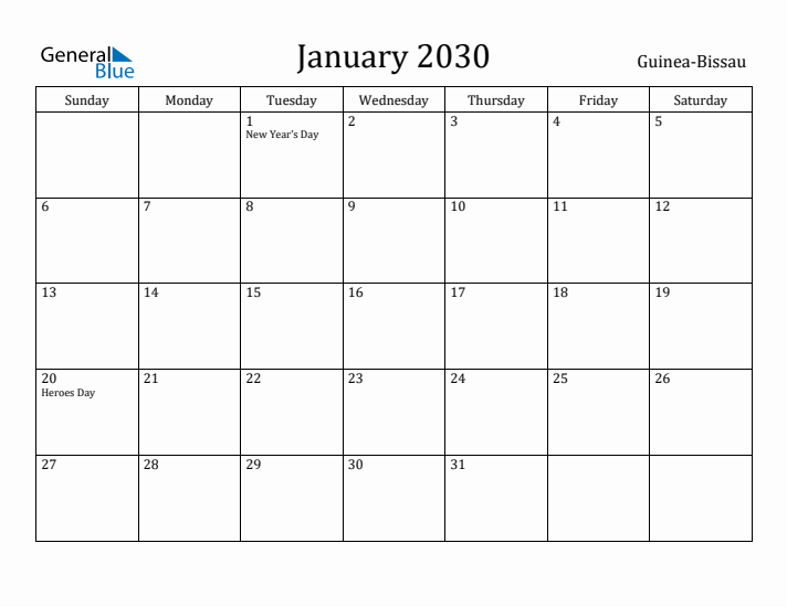 January 2030 Calendar Guinea-Bissau