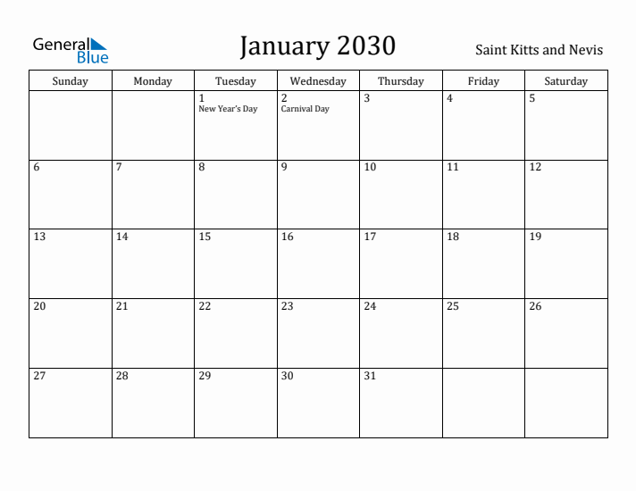 January 2030 Calendar Saint Kitts and Nevis