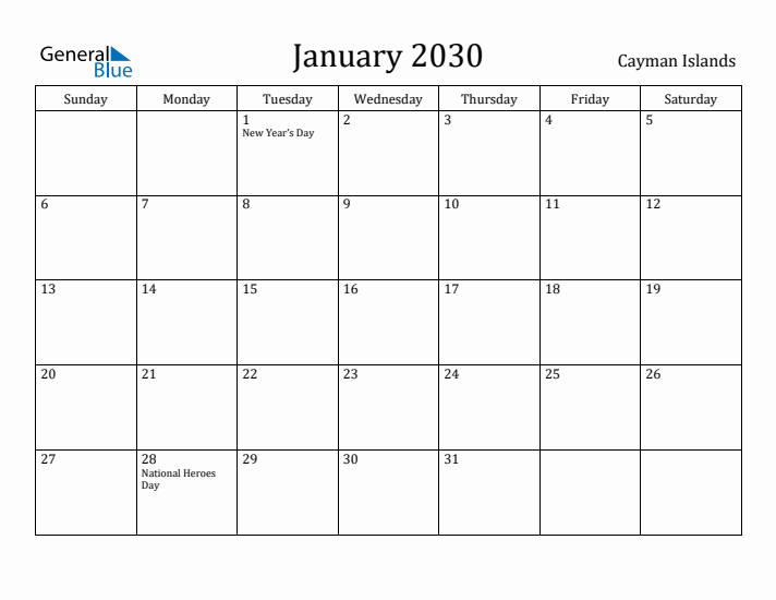 January 2030 Calendar Cayman Islands