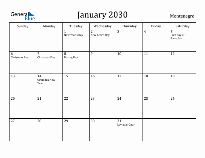 January 2030 Calendar Montenegro
