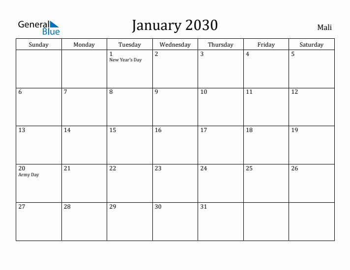 January 2030 Calendar Mali