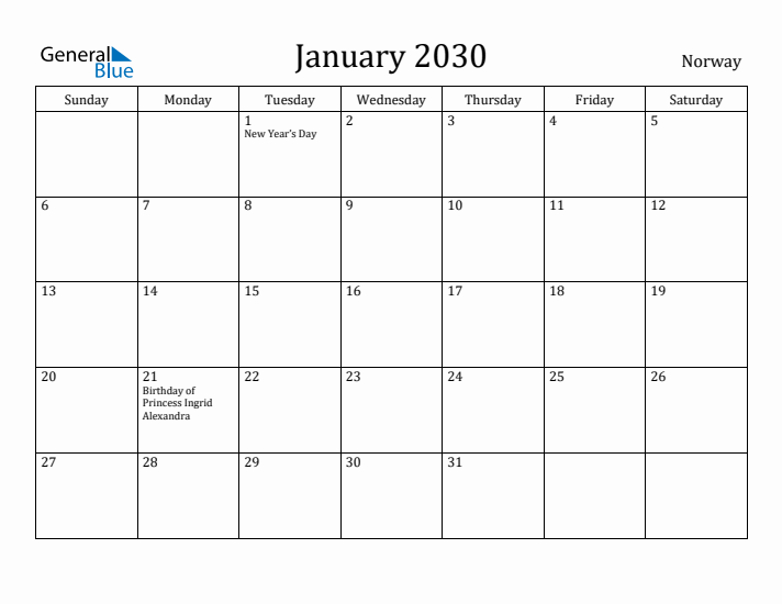 January 2030 Calendar Norway