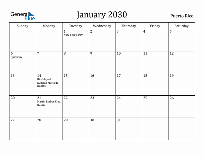 January 2030 Calendar Puerto Rico