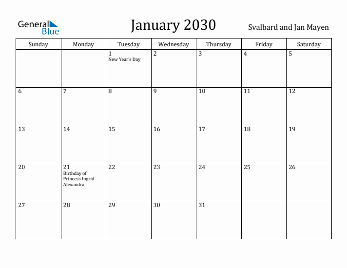 January 2030 Calendar Svalbard and Jan Mayen