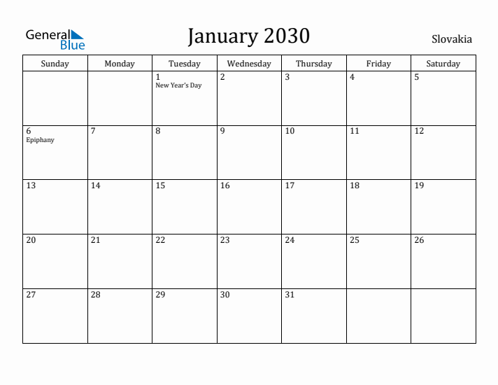 January 2030 Calendar Slovakia