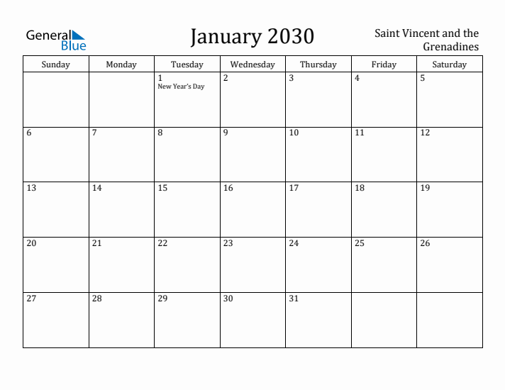 January 2030 Calendar Saint Vincent and the Grenadines