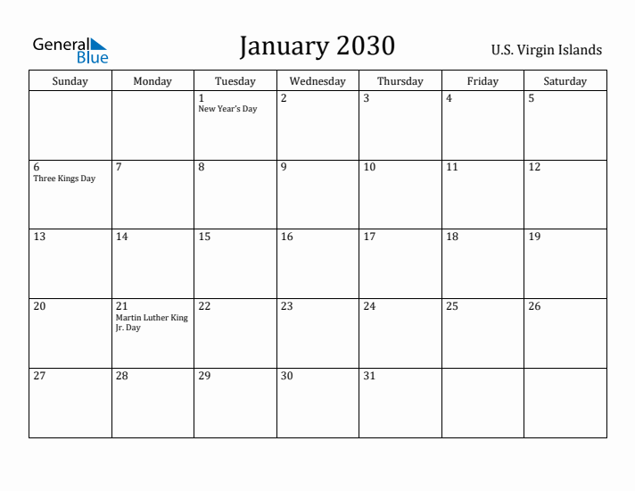 January 2030 Calendar U.S. Virgin Islands