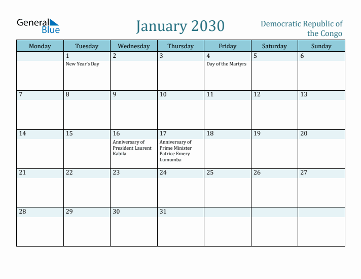 January 2030 Calendar with Holidays