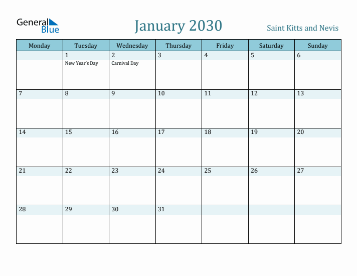 January 2030 Calendar with Holidays