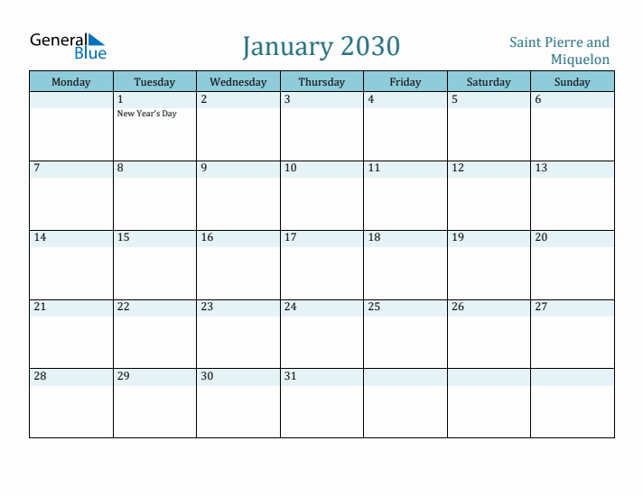 January 2030 Calendar with Holidays