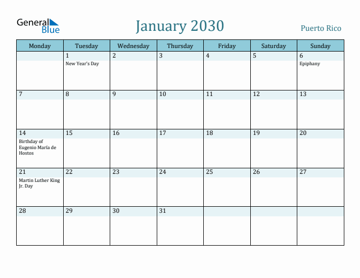 January 2030 Calendar with Holidays