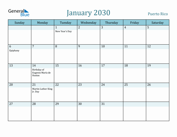 January 2030 Calendar with Holidays