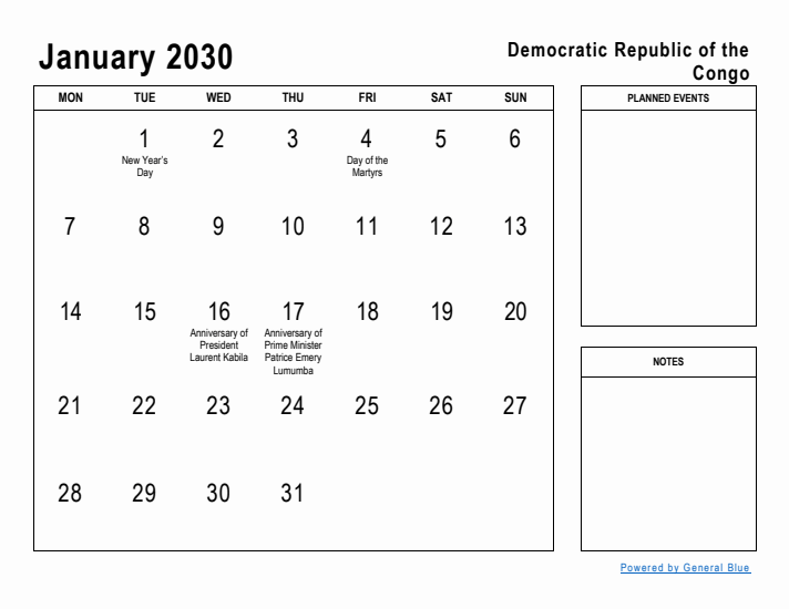 January 2030 Printable Monthly Calendar with Democratic Republic of the Congo Holidays