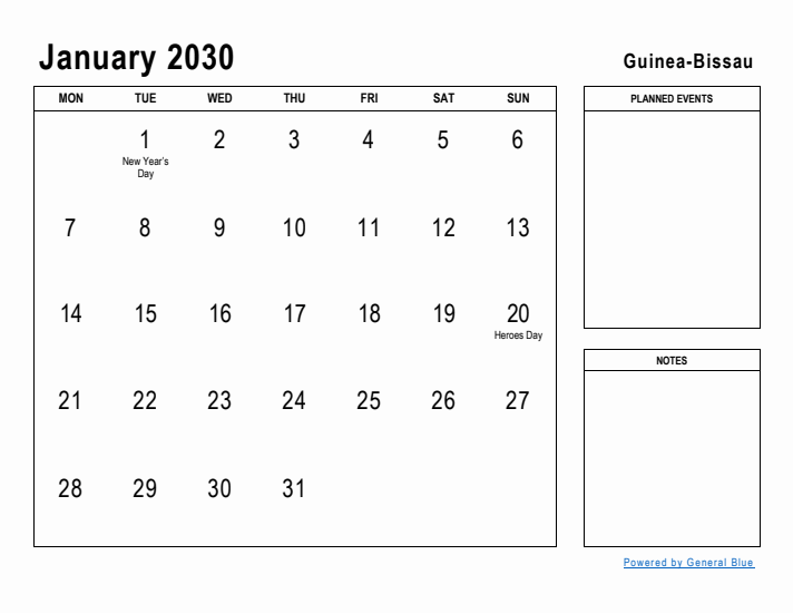 January 2030 Printable Monthly Calendar with Guinea-Bissau Holidays