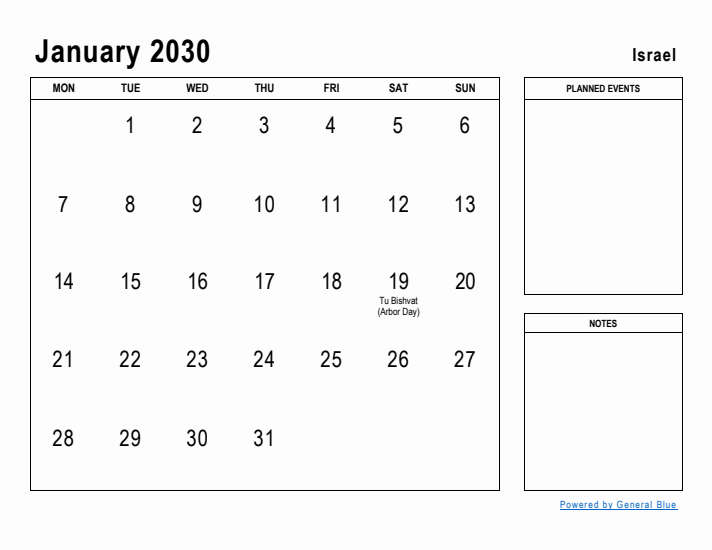 January 2030 Printable Monthly Calendar with Israel Holidays