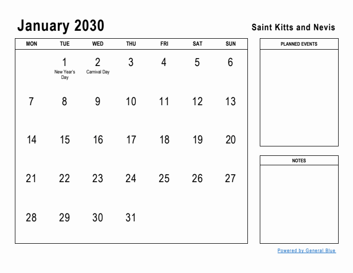 January 2030 Printable Monthly Calendar with Saint Kitts and Nevis Holidays