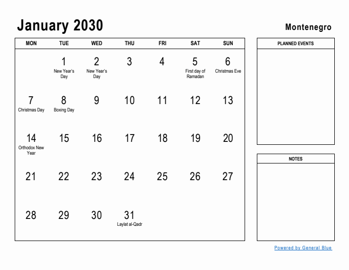 January 2030 Printable Monthly Calendar with Montenegro Holidays