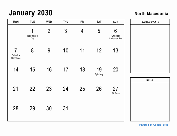 January 2030 Printable Monthly Calendar with North Macedonia Holidays