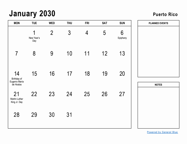 January 2030 Printable Monthly Calendar with Puerto Rico Holidays